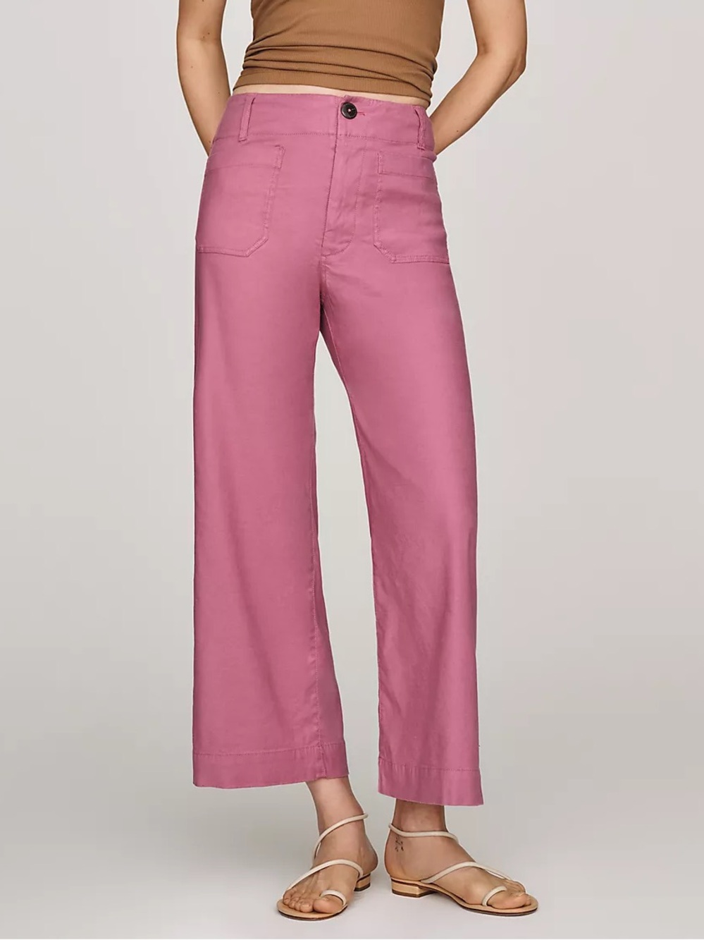 Maeve Colette Linen Stretch High Rise Cropped Wide Leg Pants in Strawberry - 30